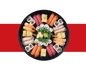 a plate of sushi on a black and red background