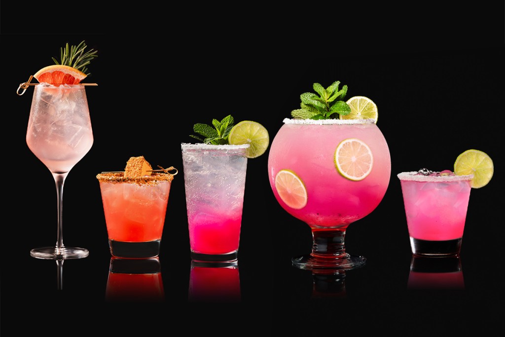 Our current limited time offers include our spring cocktails: Dragon Bloom Margarita, Pink Paradise, and the Sweet Heat Paloma, all pictured.